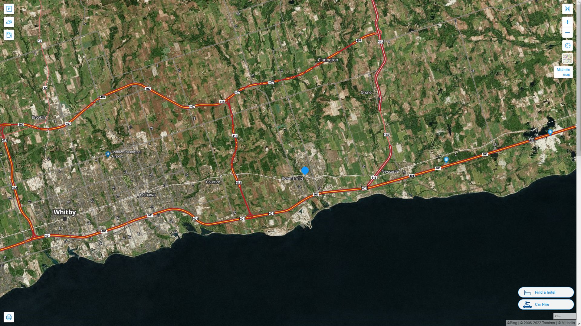 Bowmanville Canada Autoroute et carte routiere avec vue satellite